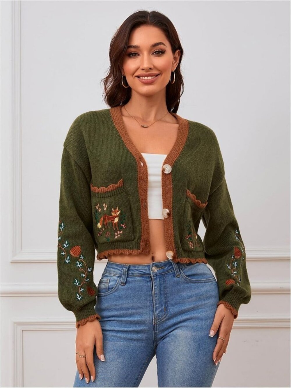 Floral Cropped Cardigan - Boho Cottagecore Sweater, Embroidered Open Front Fall - Picture 5 of 7